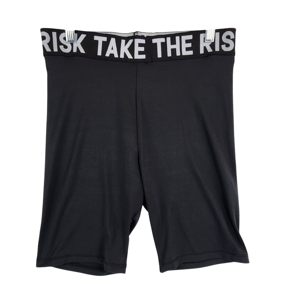 FB Sister M Black Biker Shorts Take The Risk Logo Waistband Athleisure Gym Wear